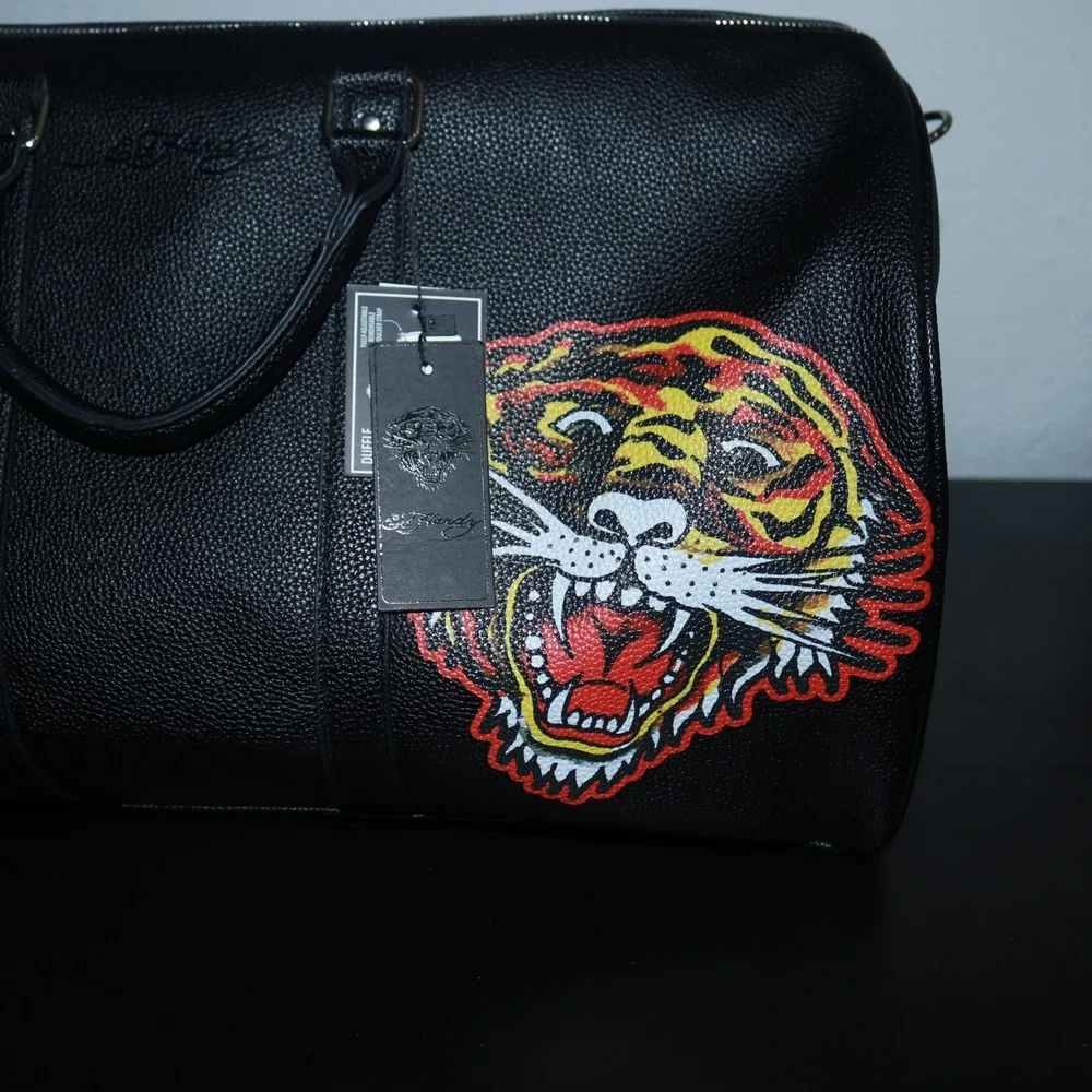 NWT Ed Hardy Unisex Graphic Y2K Duffel Bag Black Orange Red Pebbled Texture